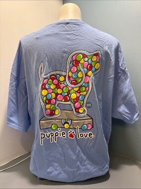 Puppie Love Women's Short Sleeve Tee - Light Blue with Colorful Dog Graphic